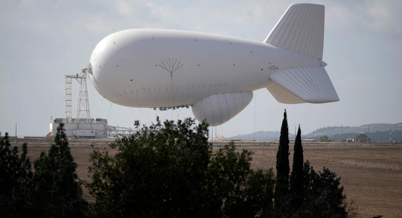 An Israeli Air Force blimp known as the Sky Dew contains a highly advanced radar system to detect incoming missiles and drones is seen berthed at an undisclosed location in northern Israel on November 10, 2023 near Haifa, Israel.Christopher Furlong/Getty Image