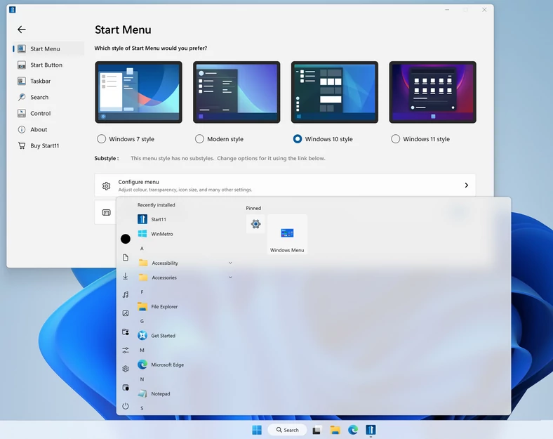 Interpretacja menu startowego w Start11 jest zbliżona do oryginalnego systemu Windows 10