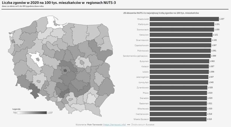 Mapa.  Liczba zgonów na 100 000 mieszkańców na podstawie danych Eurostatu