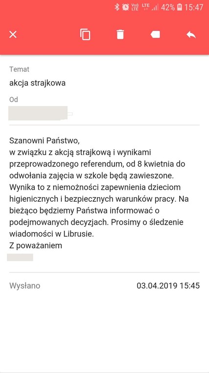 Treść wiadomości, którą otrzymała część rodziiców w Warszawie