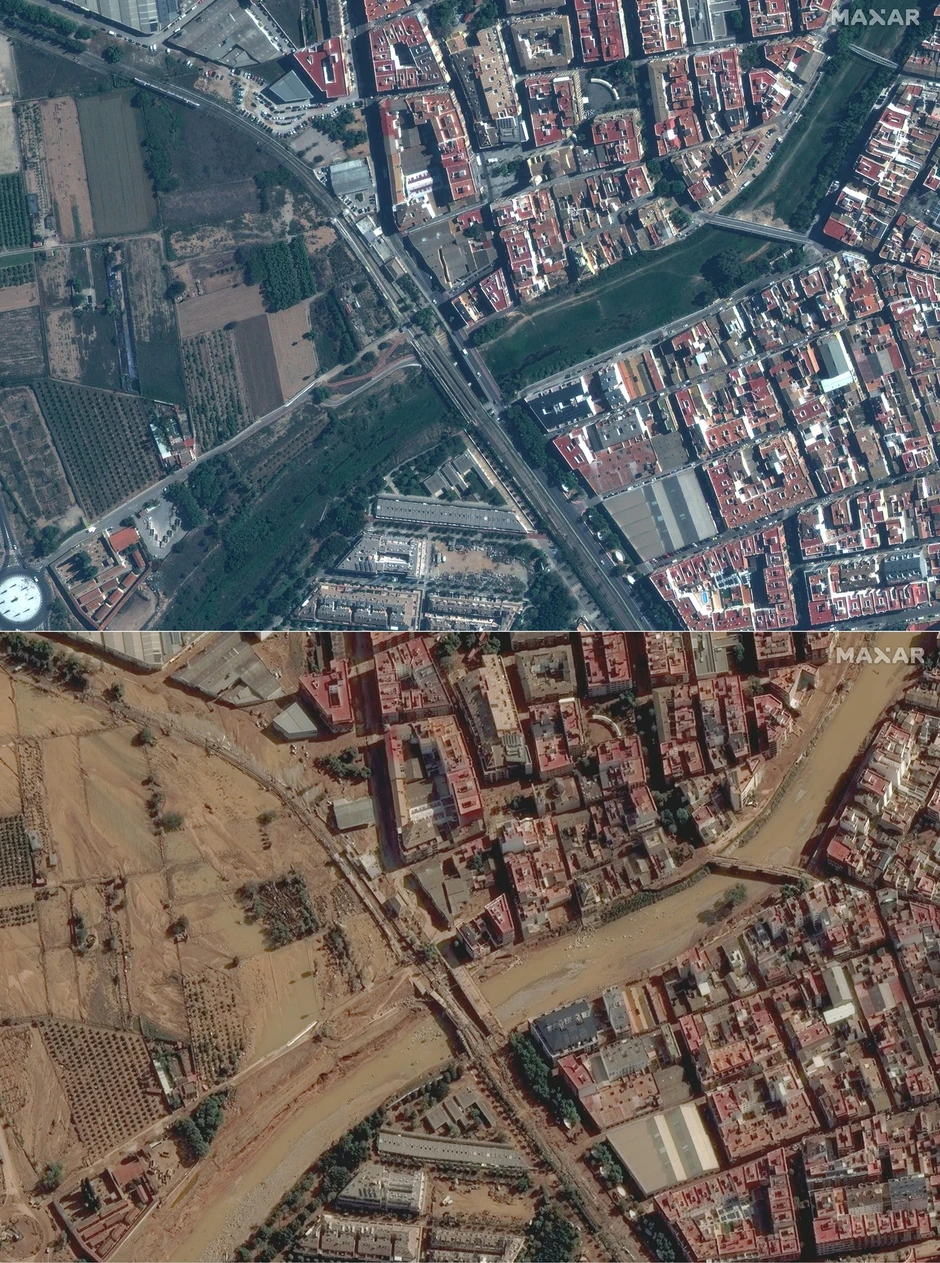 Paiporta u Valensiji pre (gore) i posle poplava (dole, 31 oktobar)