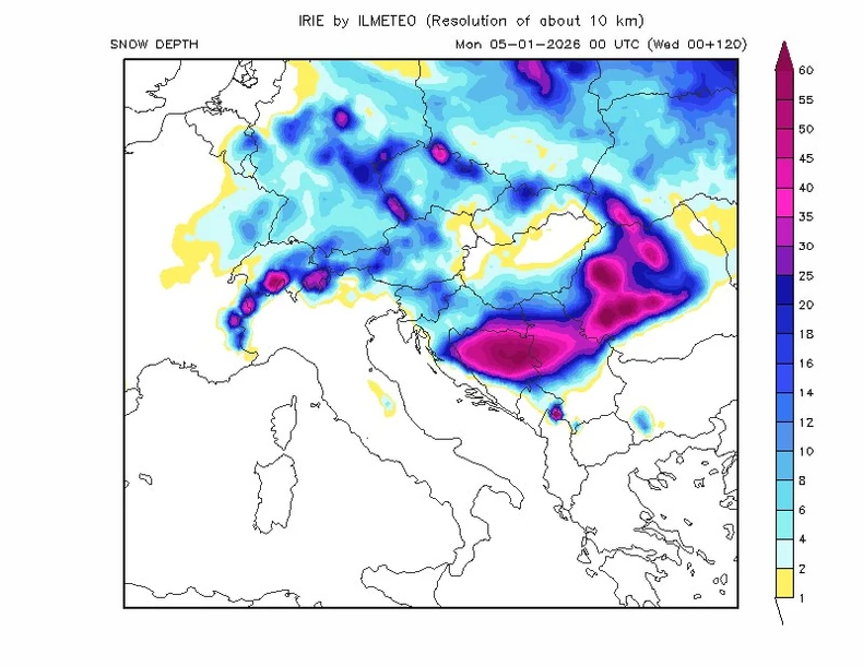 Mapa snežnih padavina u Srbiji 5. januara