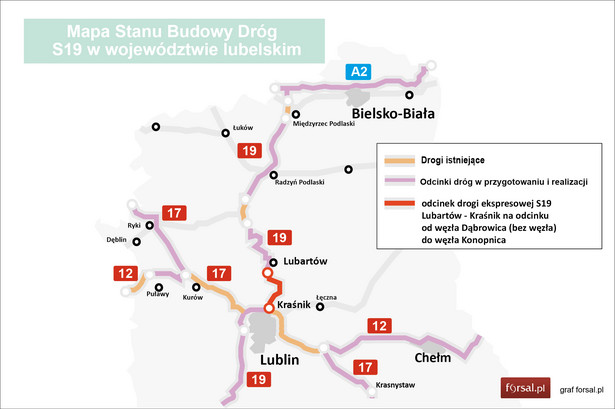 Mapa stanu budowy dróg w woj. Lubelskim