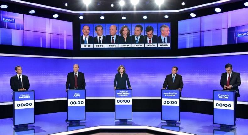 The candidates for the right-wing party primaries ahead of the 2017 presidential election (from L) Nicolas Sarkozy, Alain Juppe, Nathalie Kosciusko-Morizet, Jean-Frederic Poisson and Francois Fillon take part in a televised debate