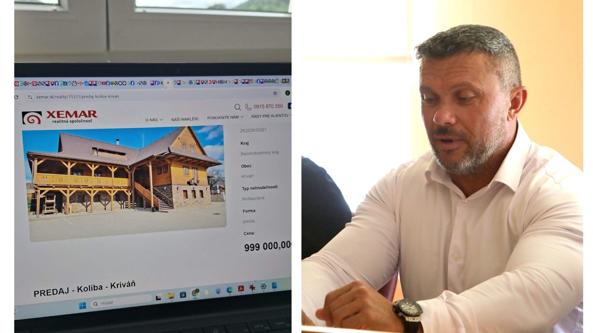 Inzerát realitky. Vpravo Miroslav Suja na súde v Banskej Bystrici.