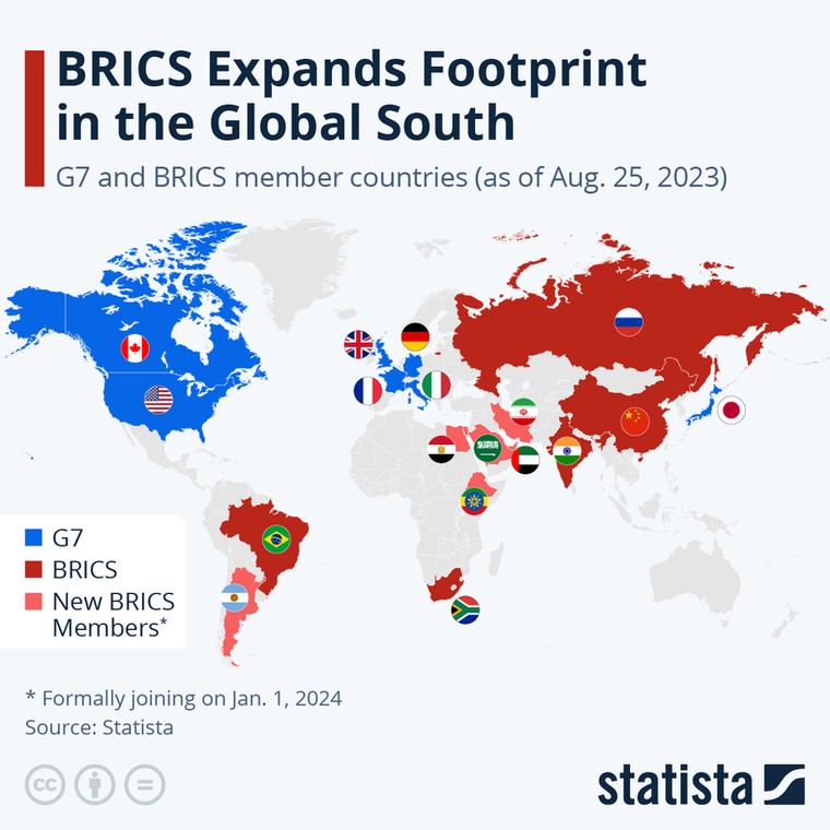 Nowa, poszerzona grupa BRICS i grupa G7 [MAPA]