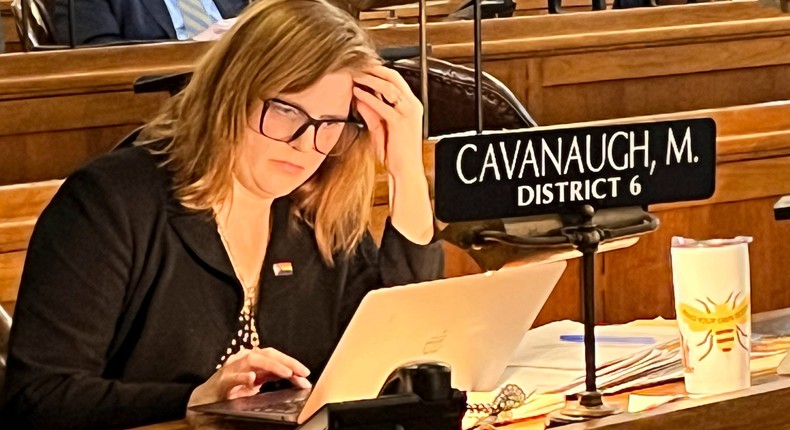 State Sen. Machaela Cavanaugh speaks before the Nebraska Legislature Monday, March 13, 2023, at the Nebraska State Capital in Lincoln, Neb. Cavanaugh is in her third week of an effort to filibuster every bill that comes before the Legislature this session — even the ones she supports. The effort is a protest against conservatives' advancement of a bill that would outlaw gender-affirming therapies for those 18 and younger. Cavanaugh has declared she will burn the session to the ground in an effort to stymie the bill.Margery Beck/AP