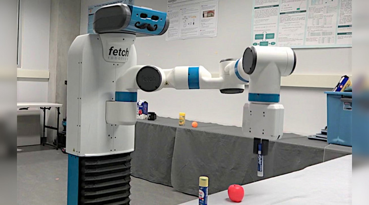 A Waterloo-i Egyetemen kiképzett Fetch robot felismerhető a kackiás bajszáról, de kitűnik nagyszerű tárgyfelismerő képességével és epizódikus memóriájával is, amely lehetővé teszi, hogy minden általa látott tárgyra időrendben visszaemlékezzen. Ez a képesség a feledékeny emberek számára valóságos kincs. / Fotó: University of Waterloo