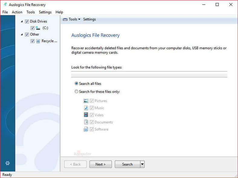 Główne okno programu do odzyskiwania danych - Auslogics File Recovery
