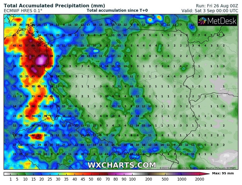 Prognozowana suma opadów do 3 września