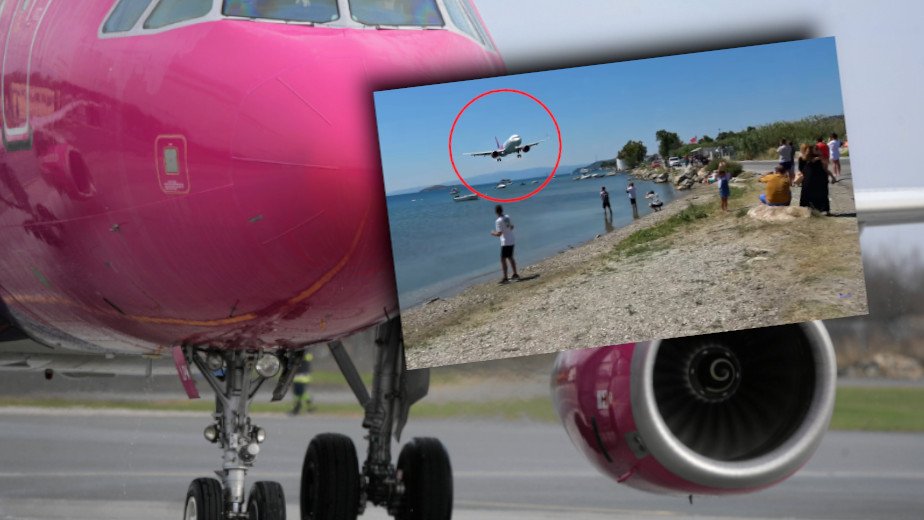 Lądowanie samolotu na wyspie Skiathos. W tle samolot WizzAir