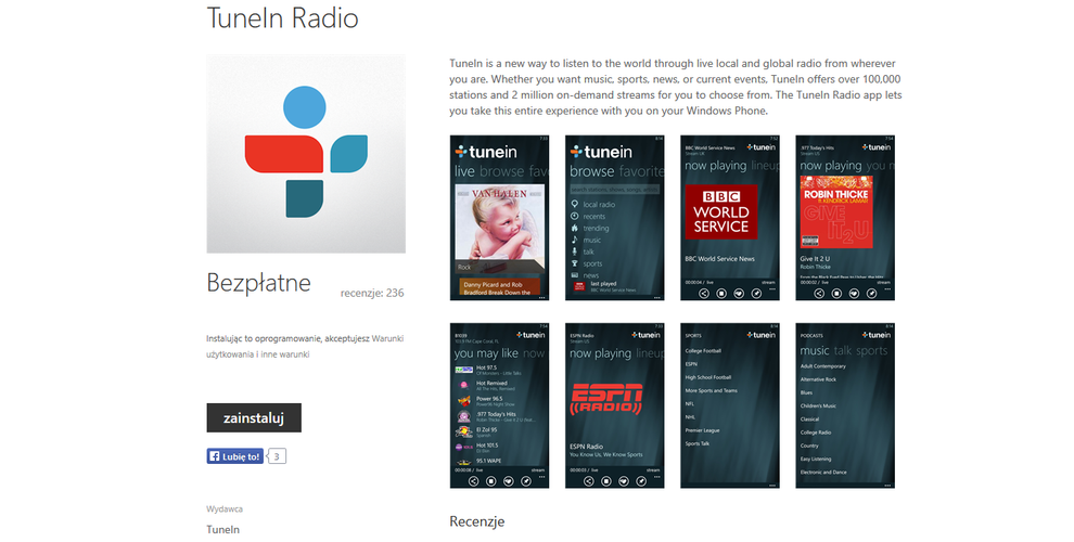 <b>TuneIn  Radio</b>
<br><br>
TuneIn Radio, to ponad 100 tysięcy stacji radiowych na całym świecie oraz 2 miliony podcastów na życzenie. Wszystko to w świetnej oprawie wizualnej i bardzo dobrej jakości dźwięku.