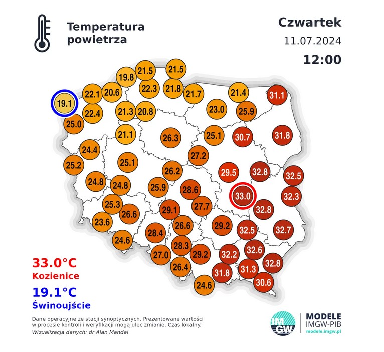 Temperatury w Polsce. 11 lipca 2024 r.