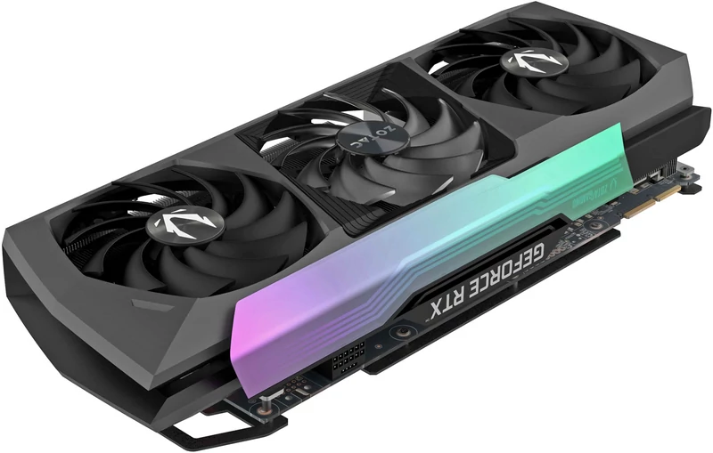 Zotac GeForce RTX 3090 Ti AMP Extreme Holo – grzebiet karty ozdobiony jest panelem w holograficznym kolorze zaopatrzonym w dodatkowe podświetlenie RGB