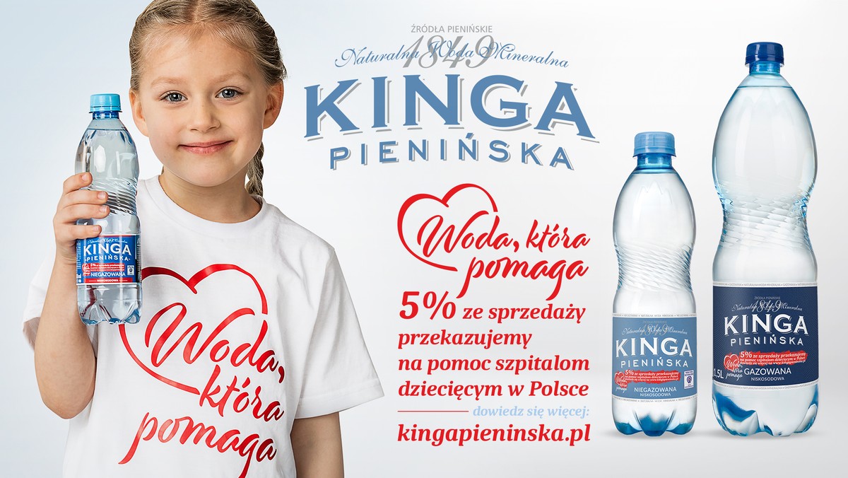 Marka naturalnej wody mineralnej Kinga Pienińska rozpoczęła kampanię charytatywną pod hasłem "Woda, która pomaga". Firma przeznaczy 5 proc. ze sprzedaży wybranych produktów na wsparcie szpitali dziecięcych w Polsce. Poprzez swoje działania Kinga Pienińska chce przypomnieć, że najwięcej dobra czynimy, wykonując drobne codzienne gesty – na przykład wybierając na półce produkty oznaczonego logiem akcji, razem z marką pomagamy chorym dzieciom.