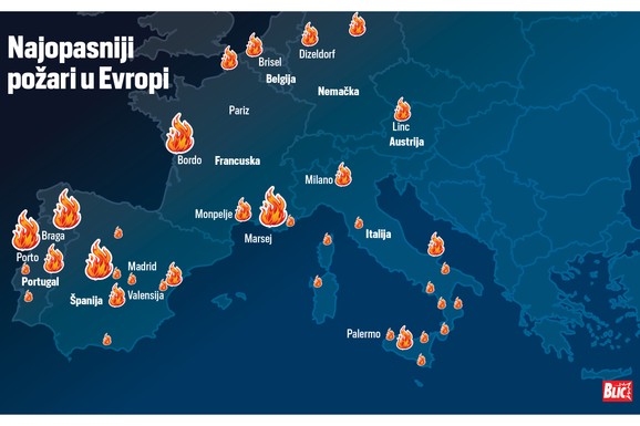 (MAPA) Ovo su gradovi u Evropi u kojima DIVLJAJU POŽARI: Više od 375.000 ljudi evakuisano, vatrogasci u trci s vremenom, nižu se strašne ispovesti: "Ka nama  juri ZID PLAMENA"