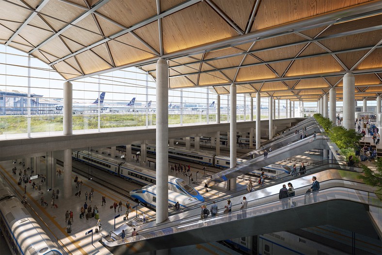 Dworzec kolejowy. Wizualizacje CPK. Źródło: Foster + Partners.