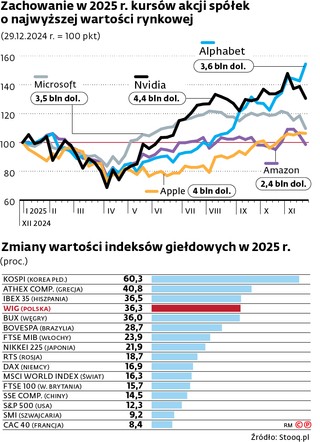 Zachowanie w 2025 r. kursów akcji spółek o najwyższej wartości rynkowej