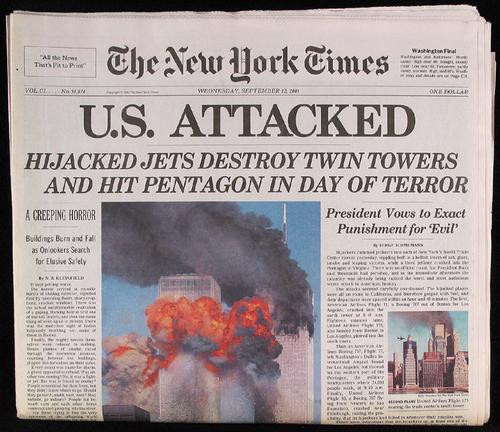 Pierwsza strona amerykańskiego dziennika "New York Times", 12 września 2001 r. 
