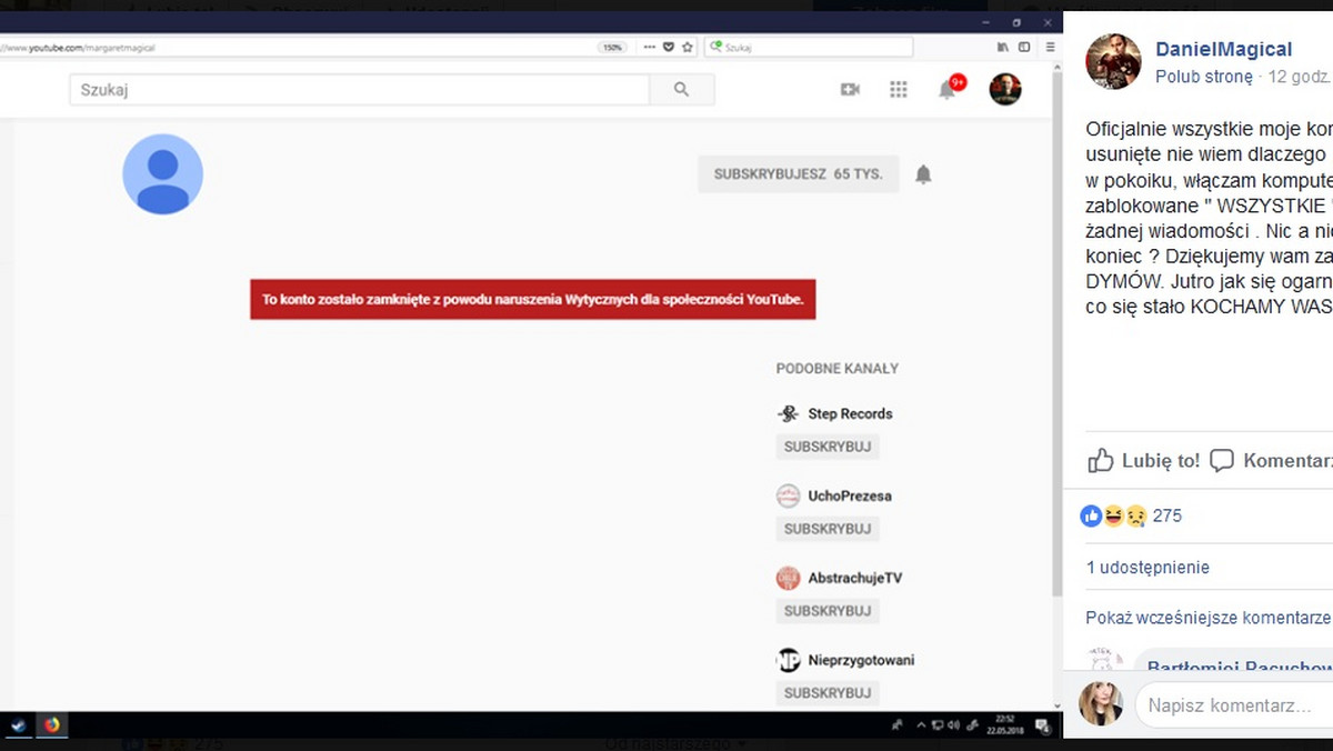 Jeden z bardziej znanych i jeden z najbardziej wulgarnych patostreamerów DanielMagical w noc po naszej akcji #dzieciwpatosieci ogłosił, że jego konta zostały usunięte. - Czy to nasz koniec? - zastanawia się w swoim poście na Facebooku.