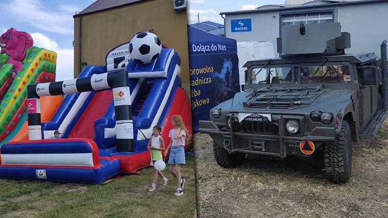 Bojowy pojazd Humvee przy dmuchanym zamku w Zajączkach Drugich.