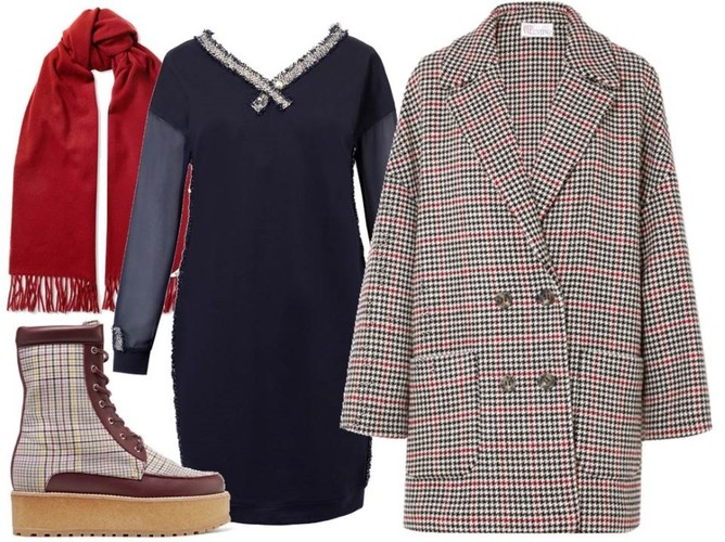 Ubrania w kratę na jesień 2018: sukienka: Trynite/Trynite.pl, płaszcz, buty, dodatki: TK Maxx