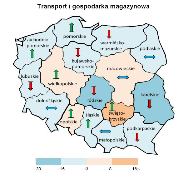 Ogólny klimat koniunktury według województw (dane wg siedziby przedsiębiorstwa) - usługi transport i gospodarka magazynowa