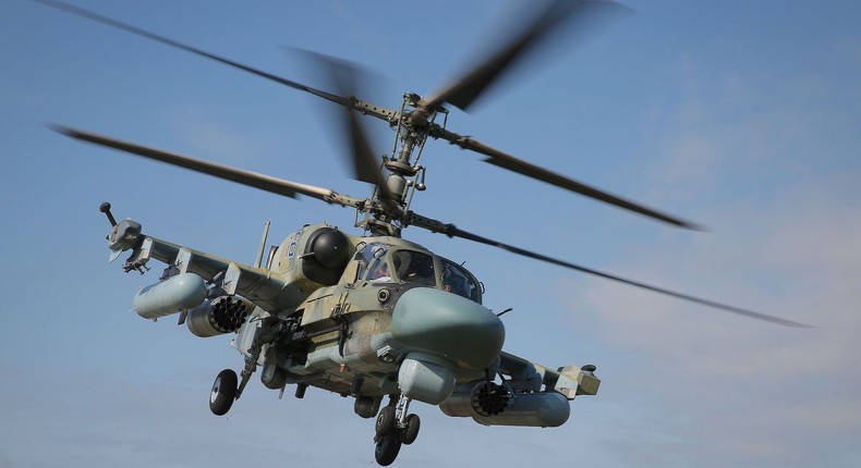 A Kamov Ka-52 Alligator helicopter during a military aviation competition in Russia's Krasnodar region on March 28, 2019.VITALY TIMKIV/AFP via Getty Images