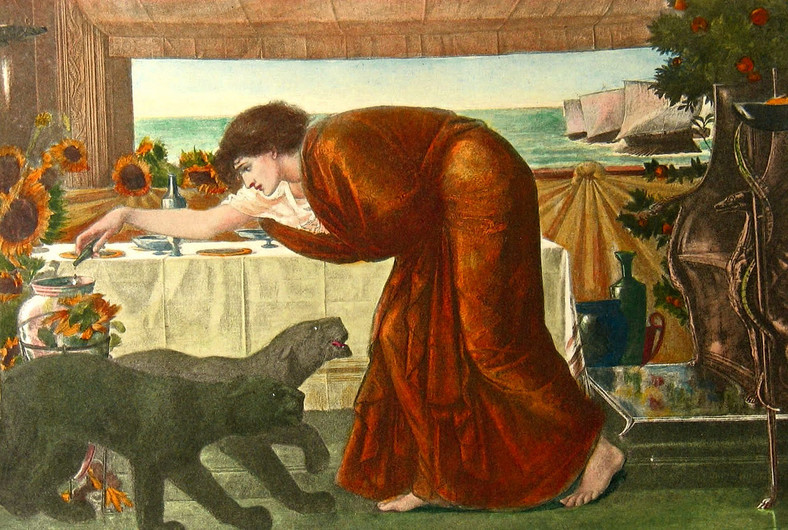 Kirke przyrządzająca czarodziejski napój dla Odyseusza i jego towarzyszy (mal. Edward Burne-Jones, 1869)