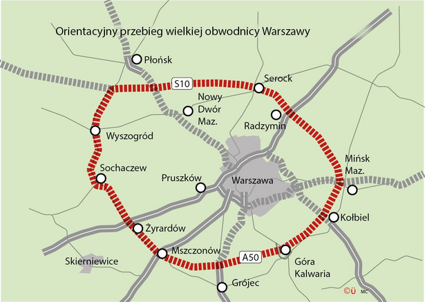 Orientacyjny przebieg wielkiej obwodnicy Warszawy