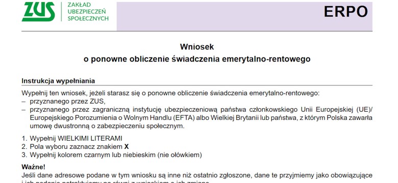 Jak wypełnić wniosek o ponowne przeliczenie emerytury ERPO 2025