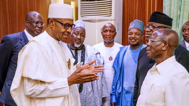 In the photo: The Minister of State for Petroleum Resources, Mr Timipre Sylva, governor Atiku Bagudu of Kebbi state, Mohammed Badaru of Jigawa state, Bayelsa governor-elect, David Lyon, President Muhammadu Buhari, APC National Chairman, Adams Oshiomhole and Governor Kayode Fayemi of Ekiti state. [Twitter/@BashirAhmaad]