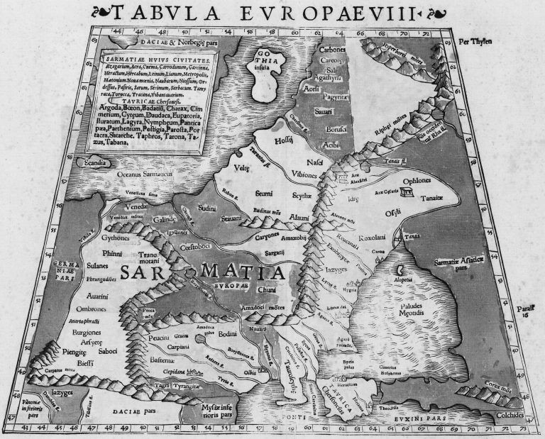 Mapa z atlasu Klaudiusza Ptolemeusza (wydanego w 1542 roku) ukazująca ziemie, które w starożytności mieli zamieszkiwać Sarmaci