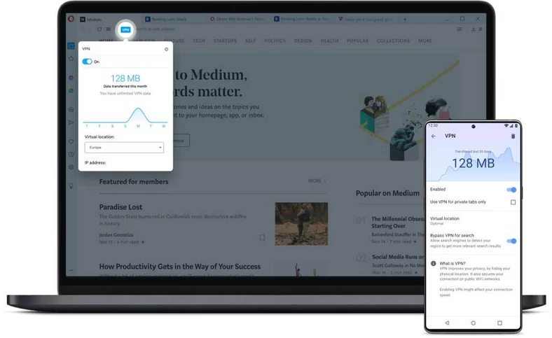 VPN bez limitu: Norweski producent przeglądarki Opera nie ogranicza miesięcznego natężenia ruchu. Prędkość surfowania jest w większości przypadków akceptowalna