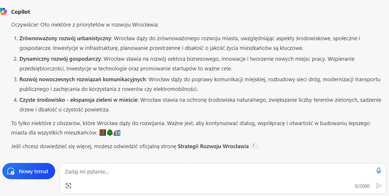 Wynik ChatGPT po wpisaniu w wyszukiwarkę hasła "Priorytety w rozwoju Wrocławia"