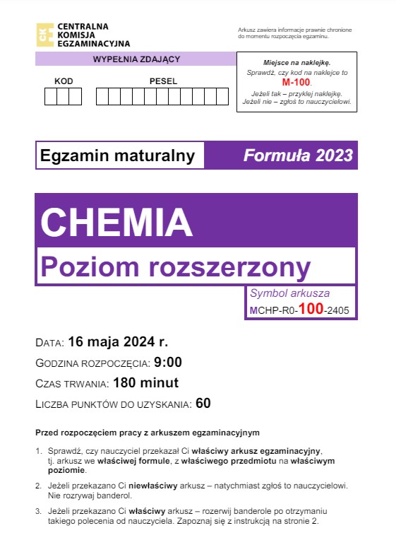 Matura 2024. Chemia - poziom rozszerzony [ARKUSZE CKE]