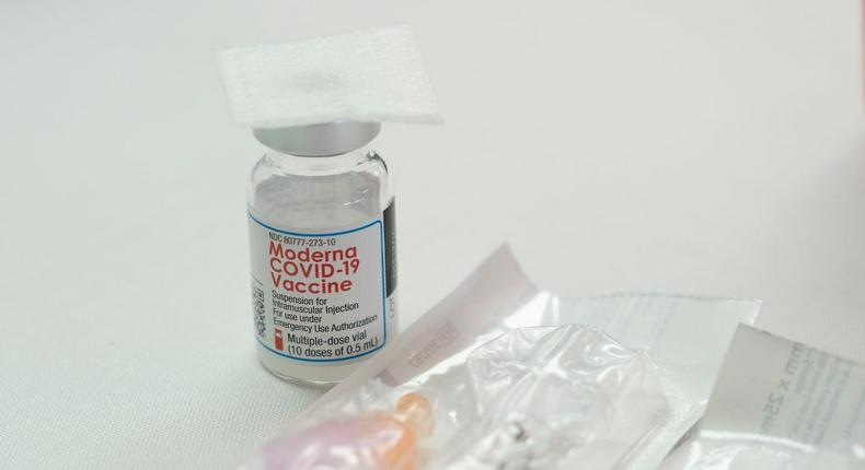 A container of the Moderna COVID-19 vaccine is seen at the United Memorial Medical Center on December 21, 2020 in Houston, Texas.
