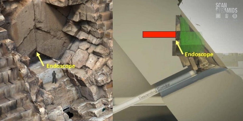 Foto des Lochs in der Pyramidenwand und daneben ein Diagramm, das dieses Loch in der Pyramide zeigt.