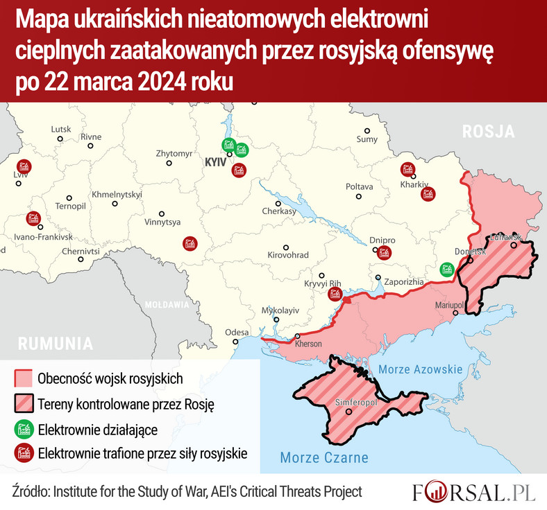 Mapa ukraińskich nieatomowych elektrowni cieplnych zaatakowanych przez rosyjską ofensywę po 22 marca 2024 roku