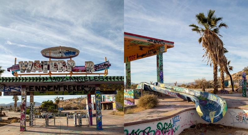 Side-by-side images of the abandoned water park in California's Mojave Desert.Monica Humphries/Business Insider