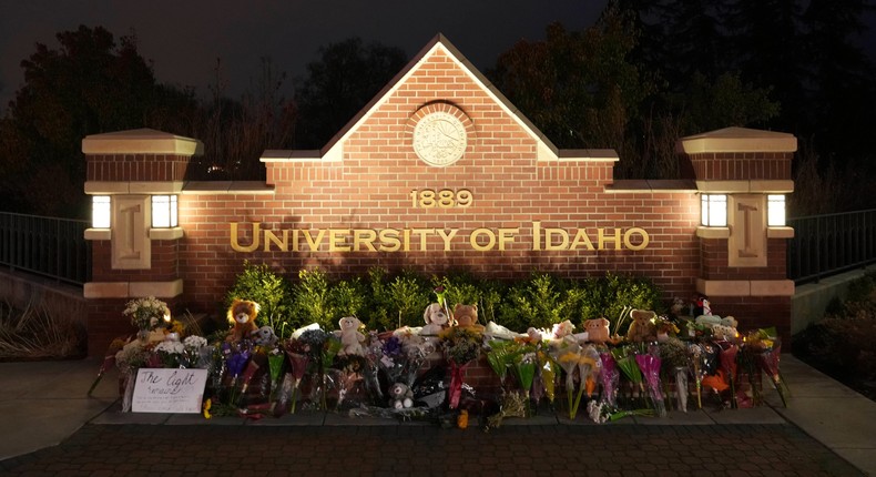 Flowers and other items are displayed at a growing memorial in front of a campus entrance sign for the University of Idaho, Wednesday, Nov. 16, 2022, in Moscow, Idaho.Ted S. Warren/AP Photo