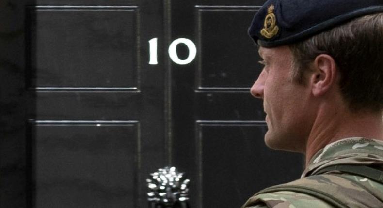 A soldier patrols outside 10 Downing Street, the official residence of Britain's Prime Minister, in central London on May 24, 2017