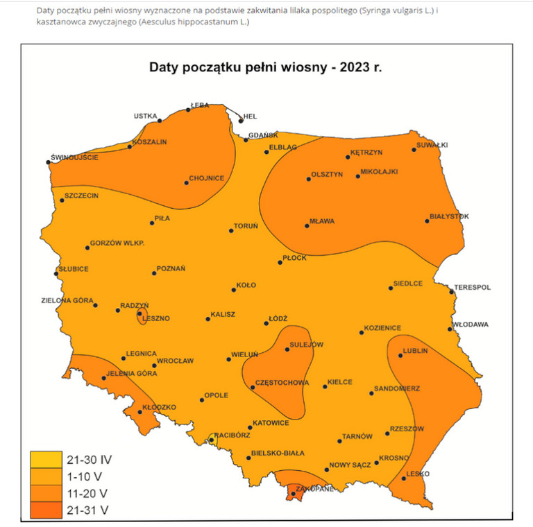 Daty początku pełni wiosny wyznaczone na podstawie zakwitania lilaka pospolitego i kasztanowca zwyczajnego