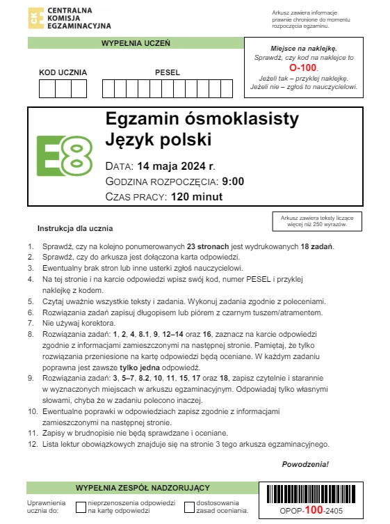 egzamin ósmoklasisty 2024. Arkusze egzaminacyjne z polskiego