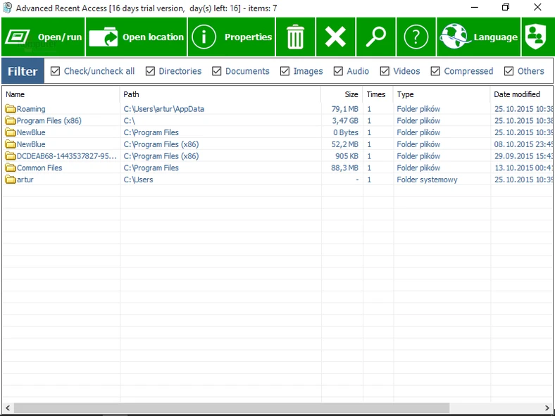 Główne okno programu do eksploracji ostatnio używanych plików - Advanced Recent Access