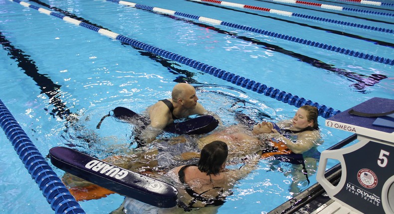 James Meyers (top, facing right) in the pool at the 2016 US Olympic swim trials.
