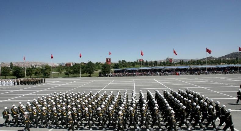 Turkish soldiers march during a military parade in Ankara