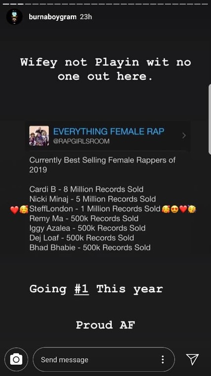 Burna Boy seems proud of Stefflon Don's achievement in a post praising her success s far in the year 2019. 