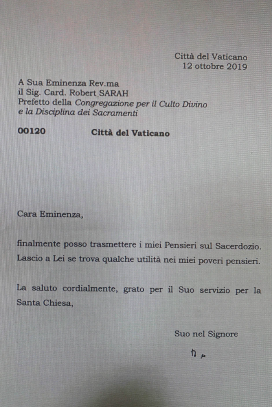 Pismo koje dokazuje da je papa Benedikt imao uvid u to kako će knjiga izgledati