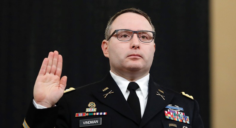 National Security Council aide Lt. Col. Alexander Vindman is sworn in to testify before the House Intelligence Committee on Capitol Hill in Washington, Tuesday, Nov. 19, 2019.